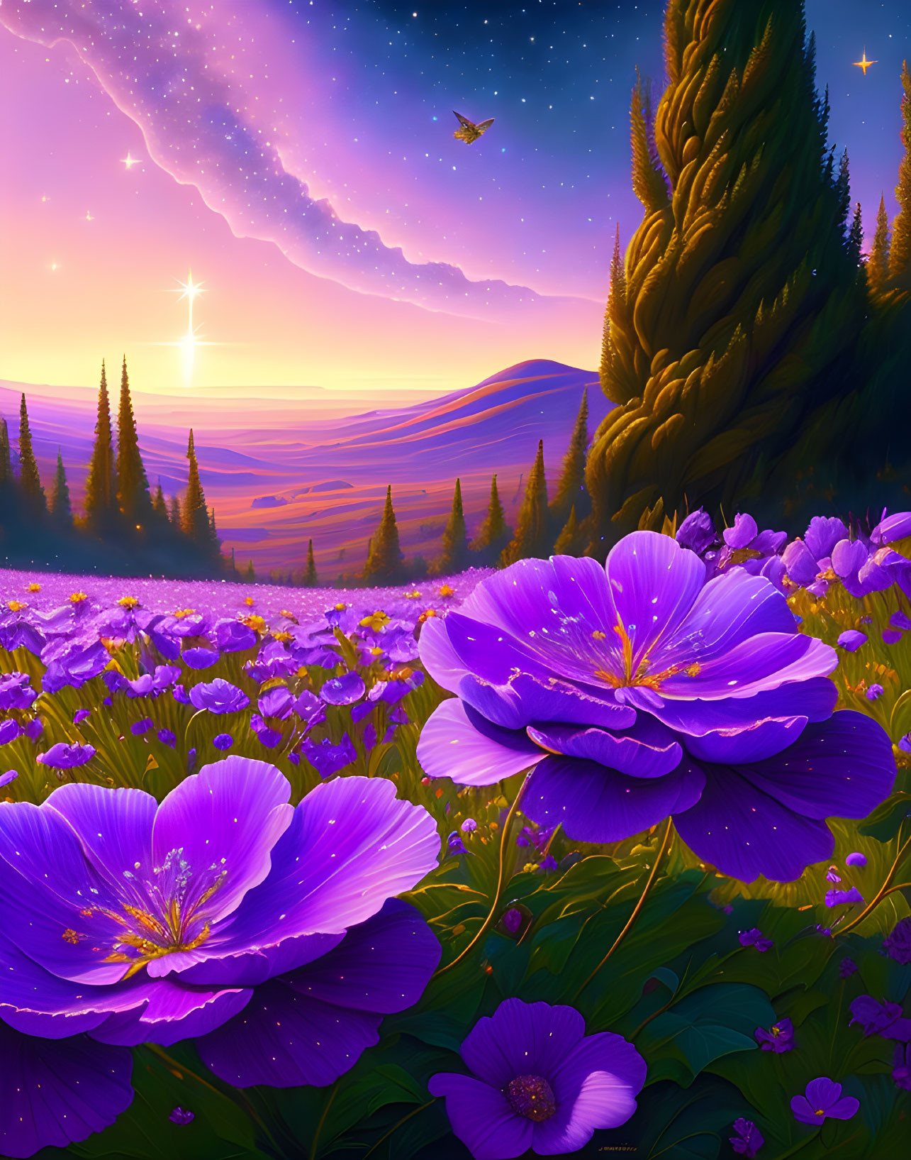 Purple Flower Meadow Under Starry Night Sky with Shooting Star and Butterfly