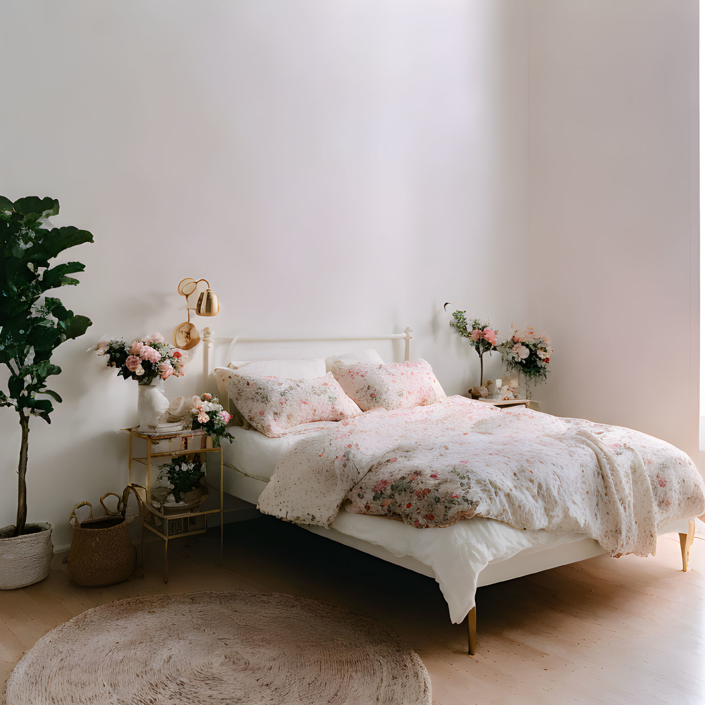 White Bed with Floral Bedding, Cozy Bedroom Decor & Plant