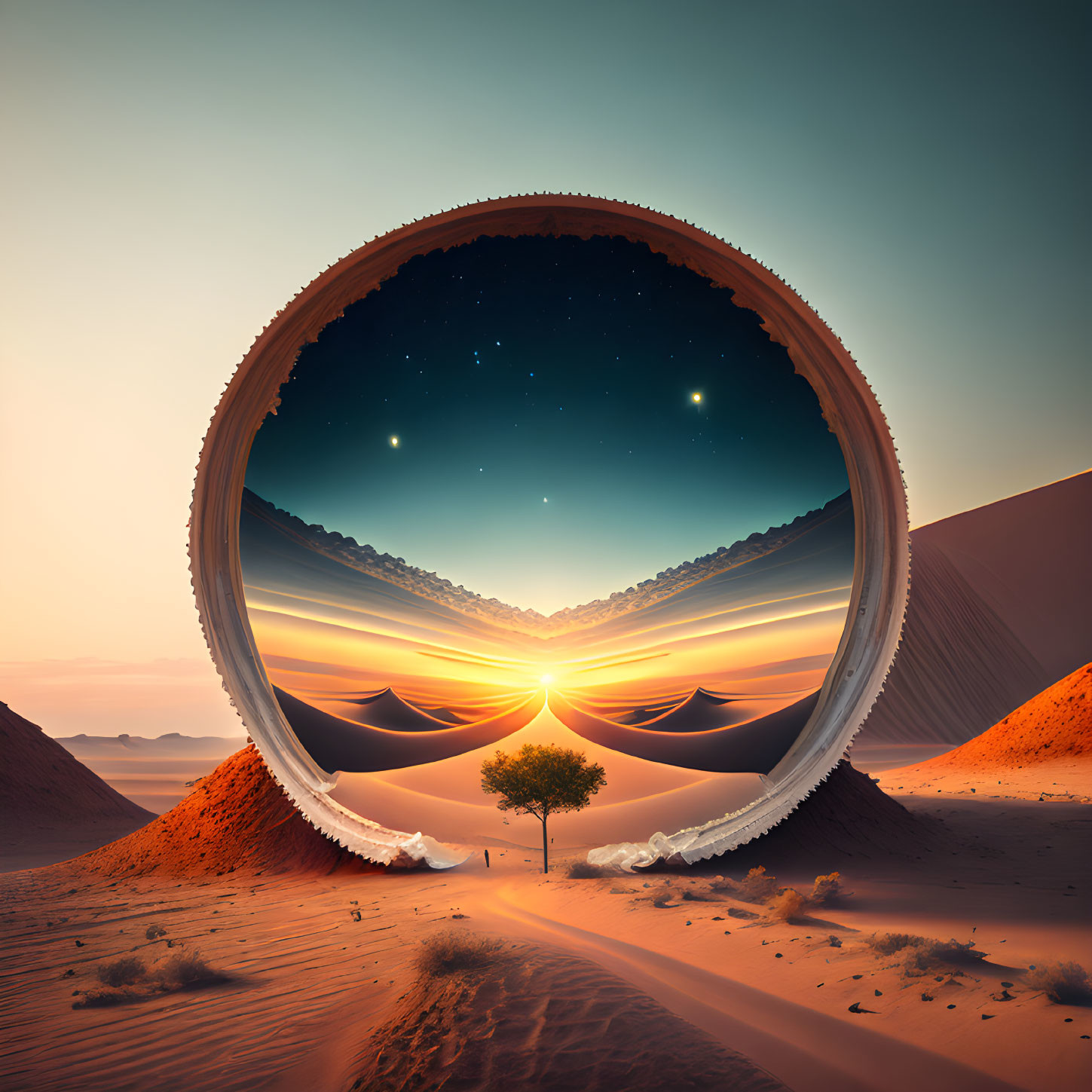 Surreal landscape with circular portal, starry night sky, sand dunes, lone tree at