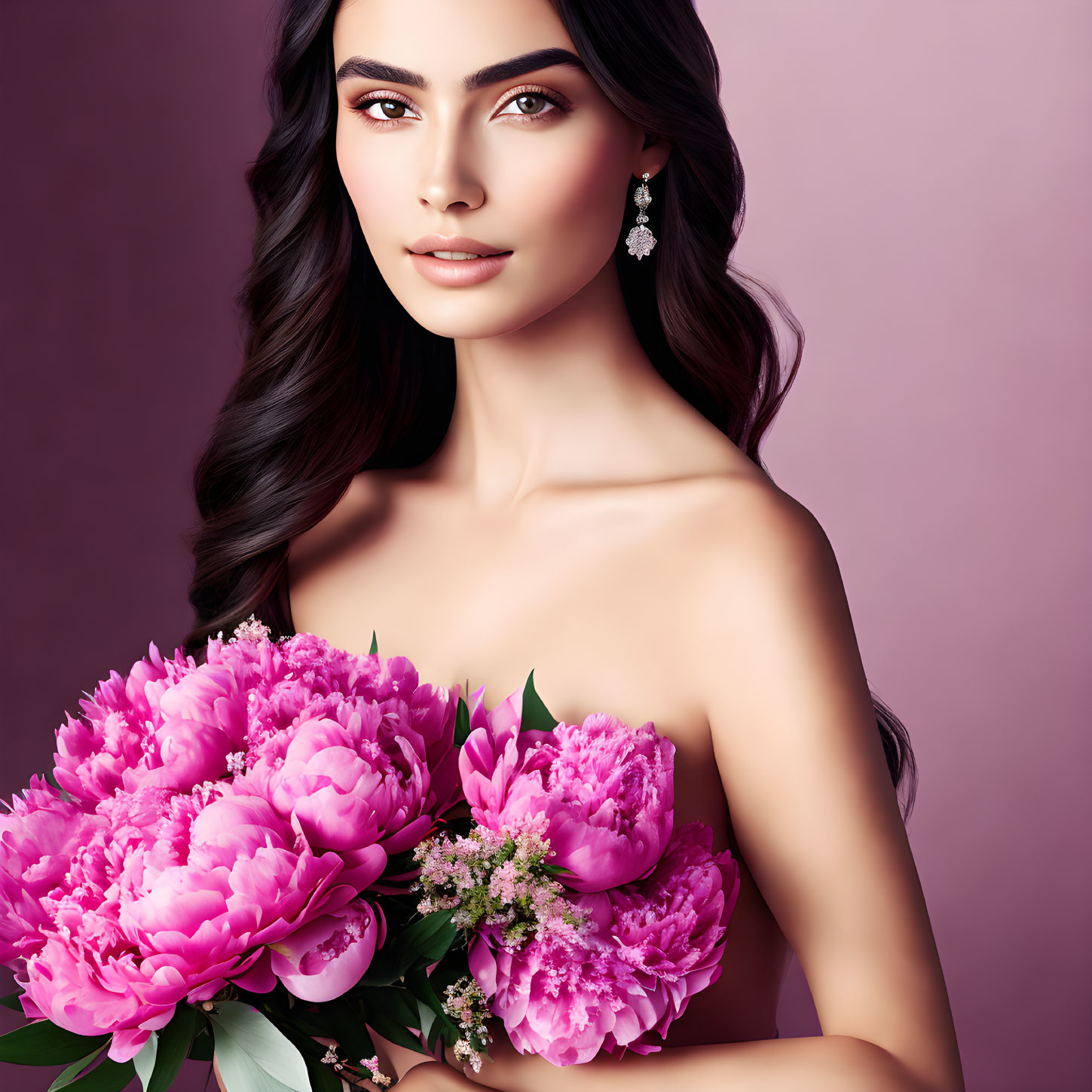 Woman with Dark Hair Holding Pink Peonies on Purple Background