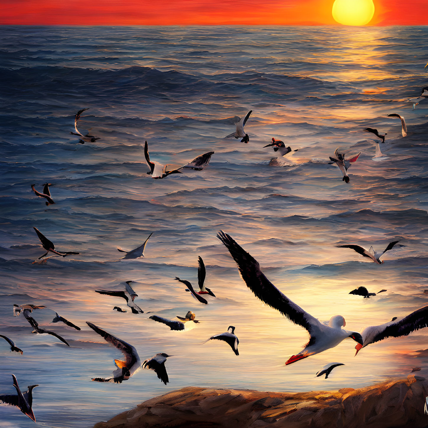 Seabirds in Flight over Vibrant Sunset Ocean