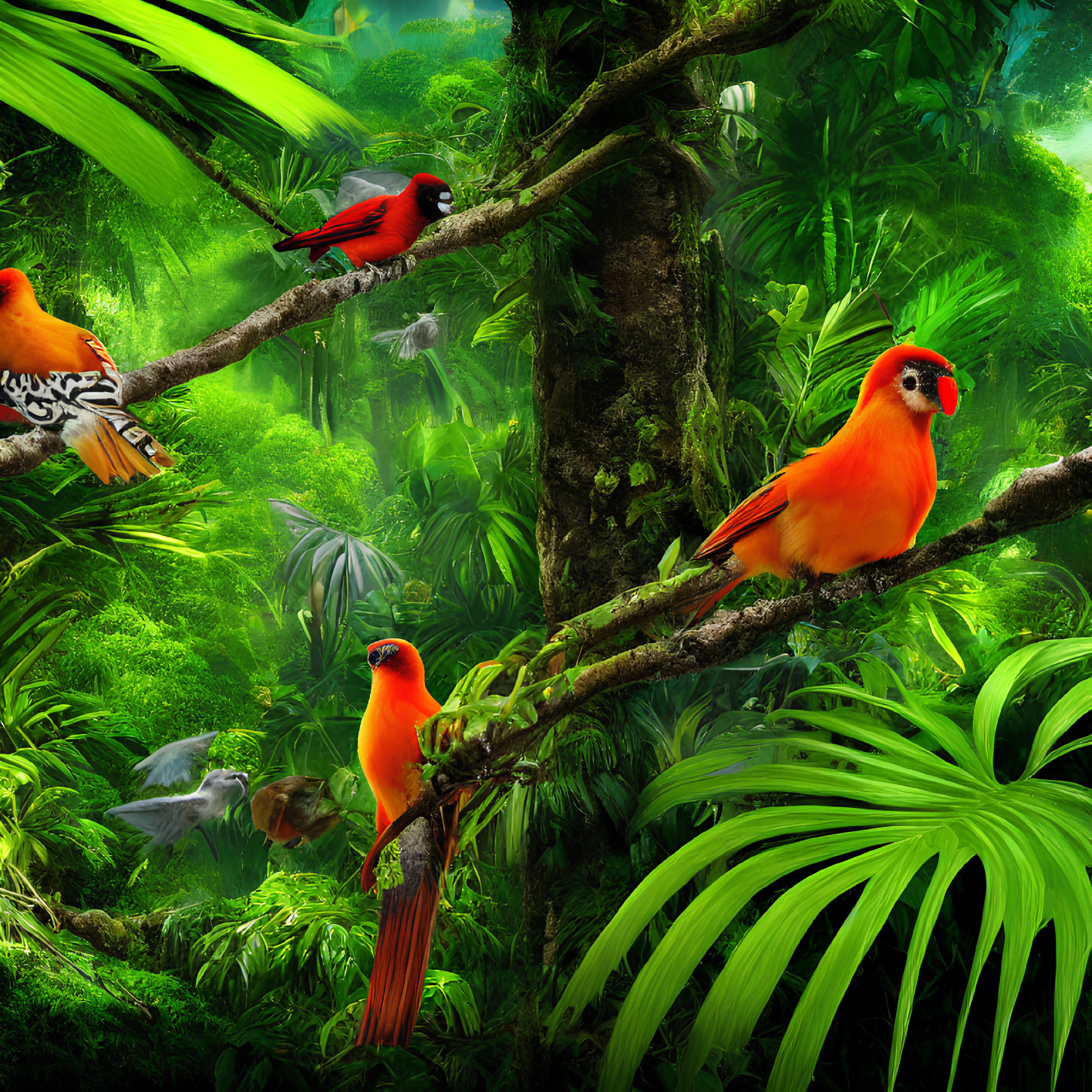 Colorful Birds in Red and Orange Plumage in Lush Tropical Forest