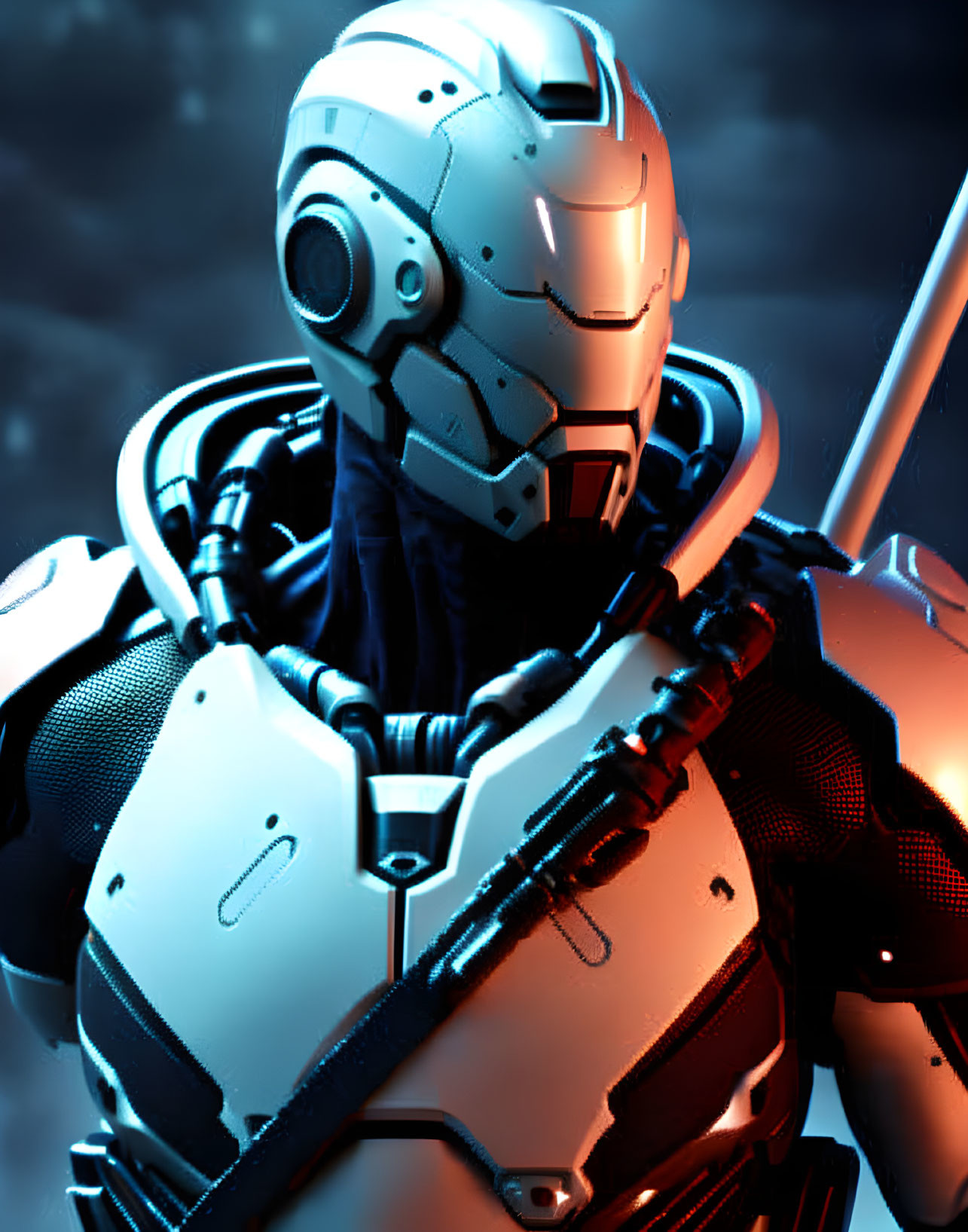 Detailed futuristic robot in white and gray armor with complex visor design on blue background