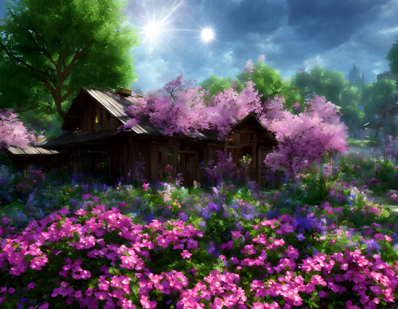 Tranquil digital artwork: cottage, pink and purple flowers, luminous sky, verdant trees