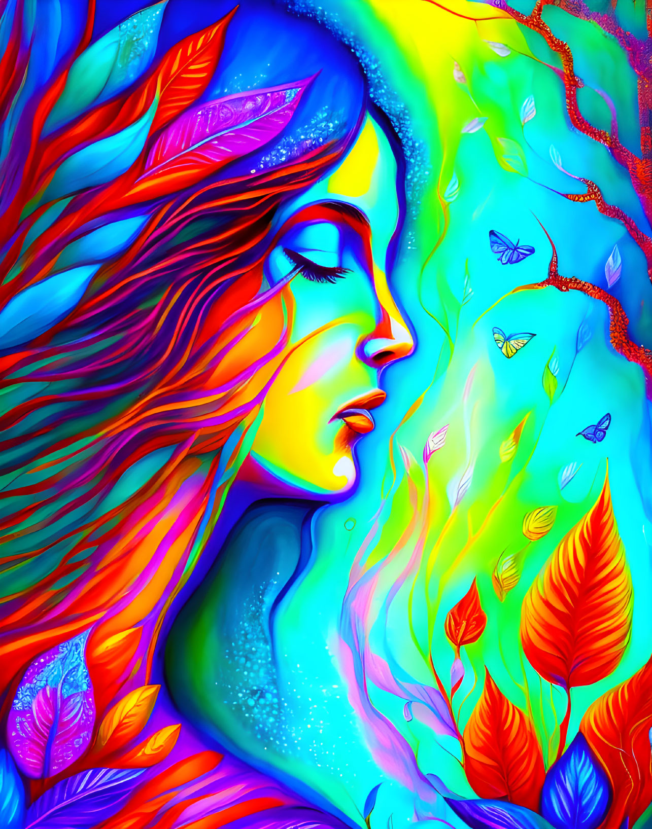 Colorful illustration: Two women profiles, flowing hair, butterflies, leaves