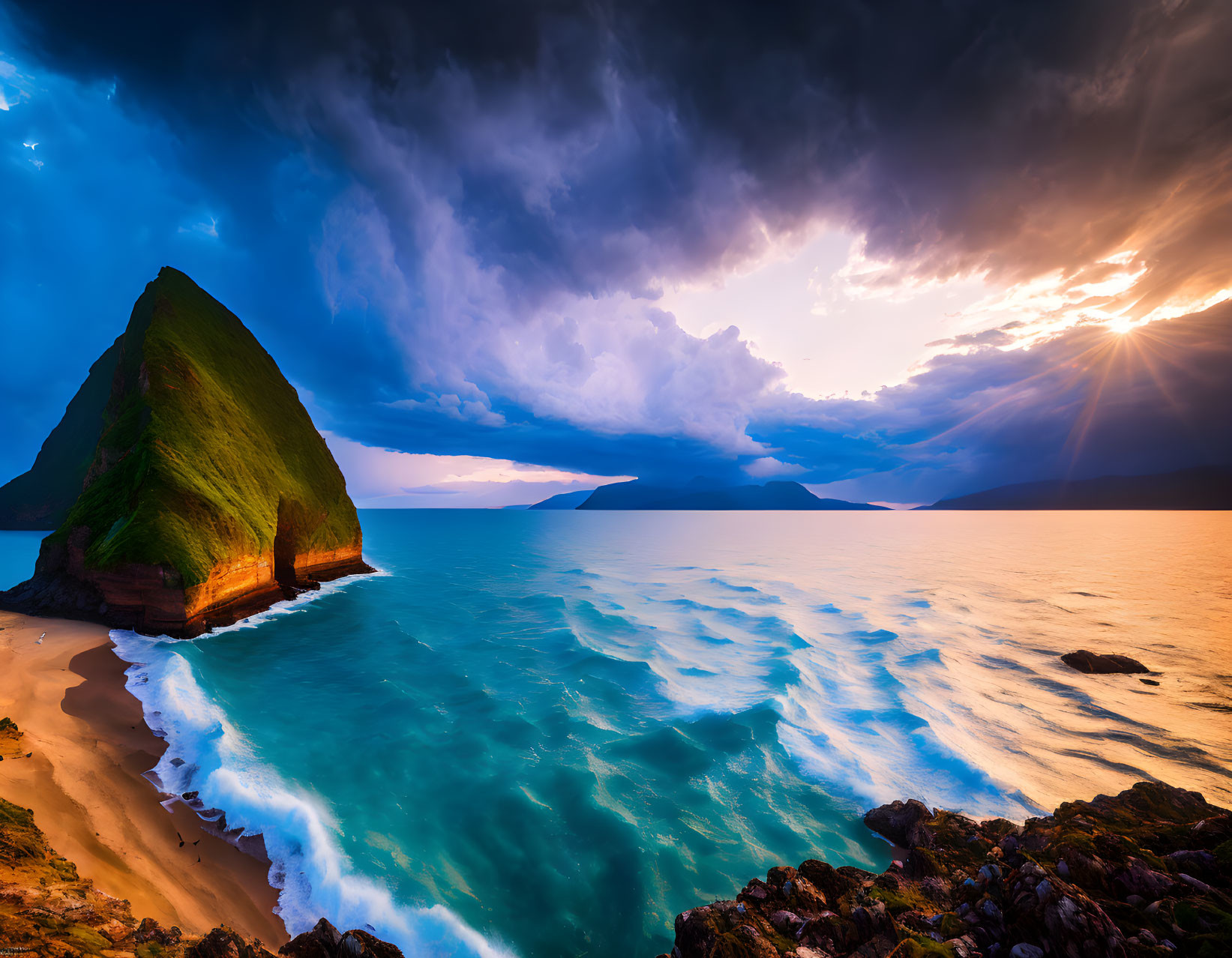 Dramatic sunset over turbulent ocean with mossy rock formation