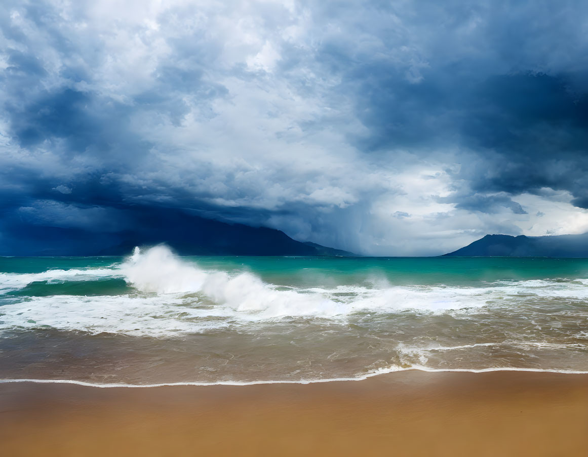 Stormy Beach Scene with Crashing Waves and Dark Clouds