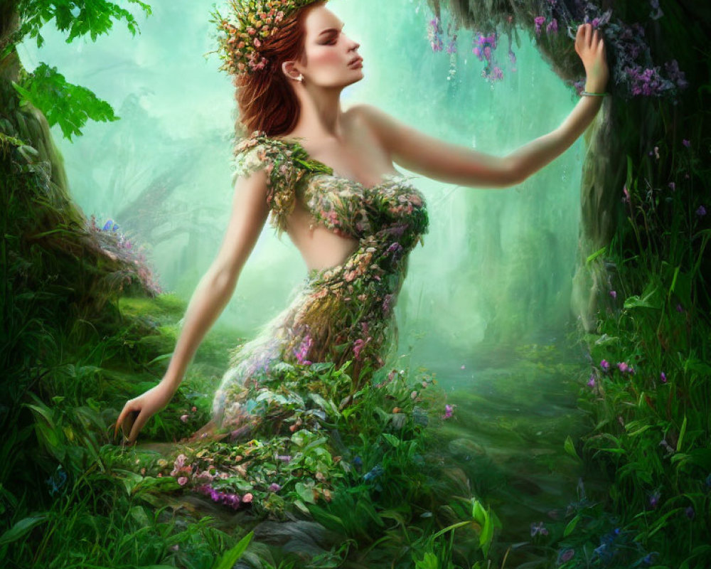 Woman in floral dress and crown in lush woodland scene with hanging blossom