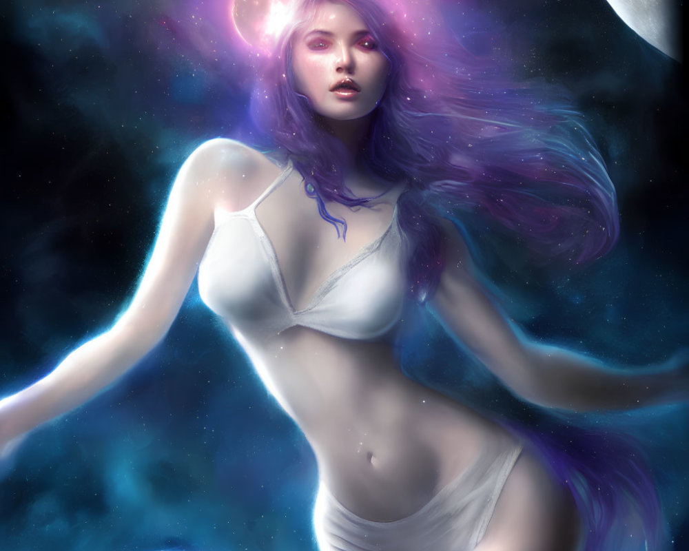 Violet-haired woman in cosmic scene with planets and nebula