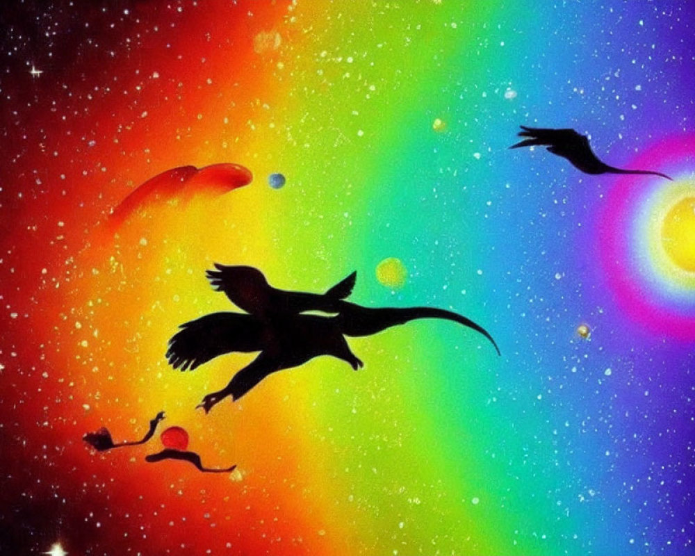 Colorful Birds Soar in Rainbow Space with Celestial Elements