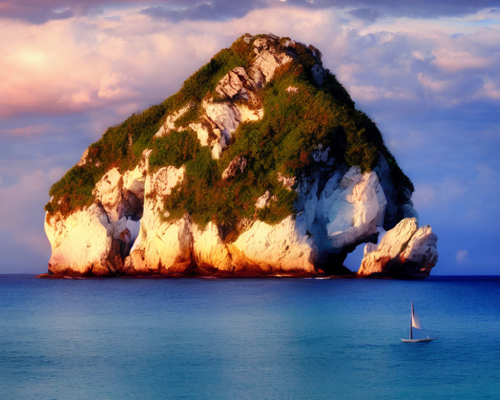 Sailboat gliding by rocky island with greenery under colorful sunset sky