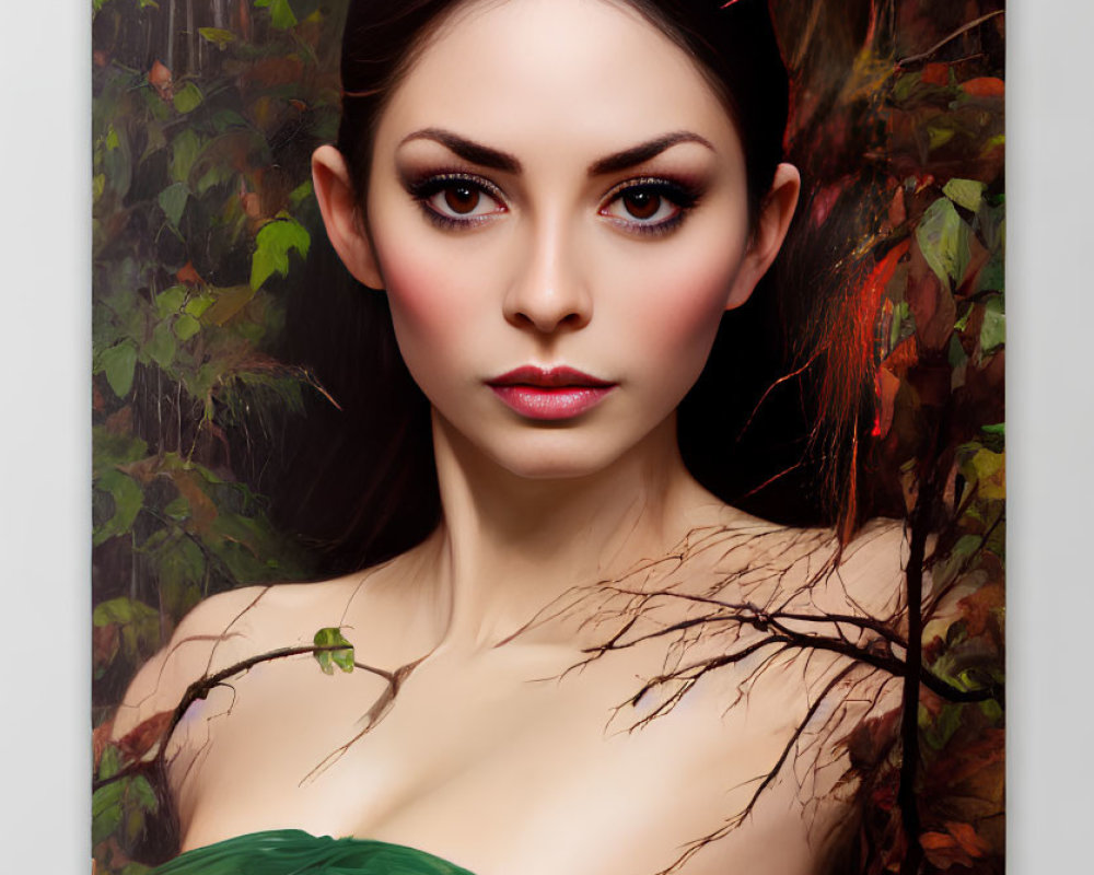 Dark-haired woman in green blending with autumn forest background