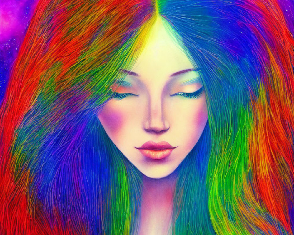 Colorful digital artwork: Woman with rainbow hair in cosmic setting