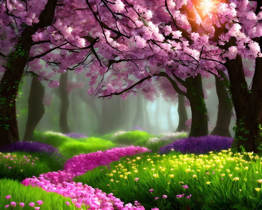 Lush forest glade with pink cherry blossoms, sunlight, and colorful flowers