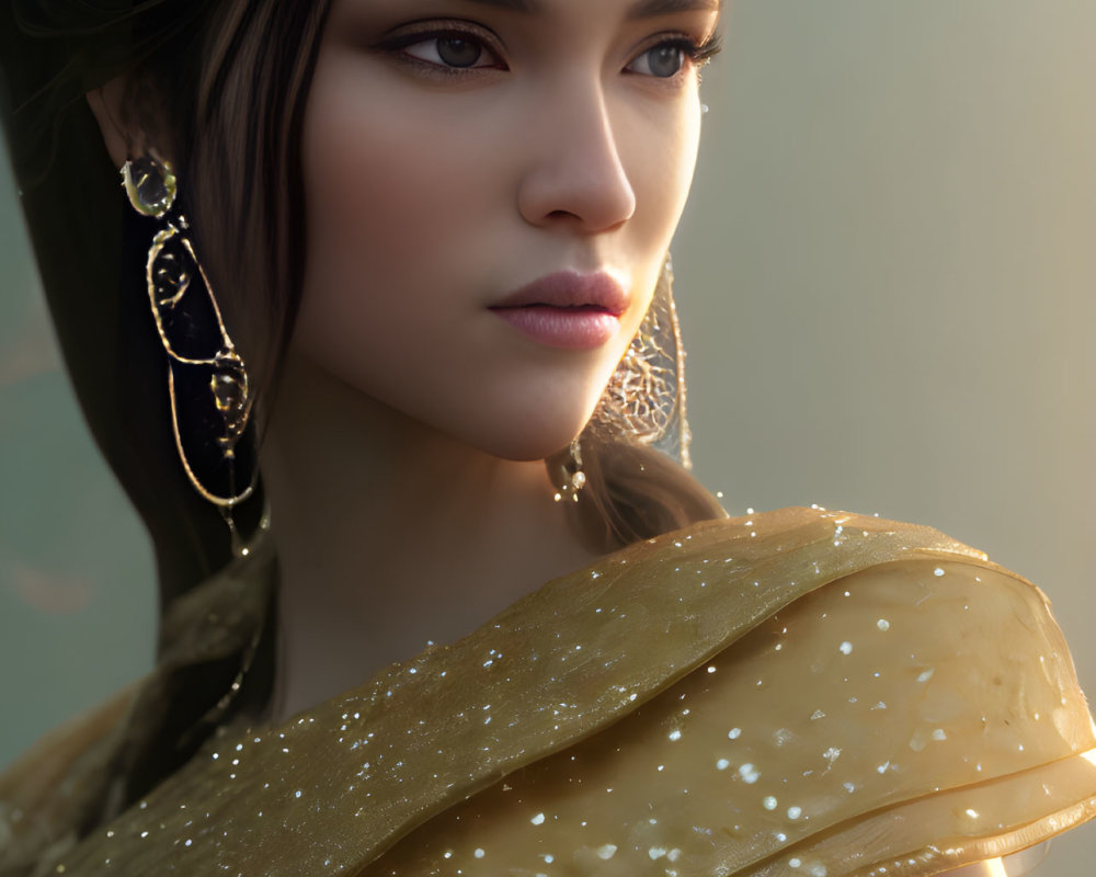 Digital Artwork: Woman with Striking Features in Golden Attire