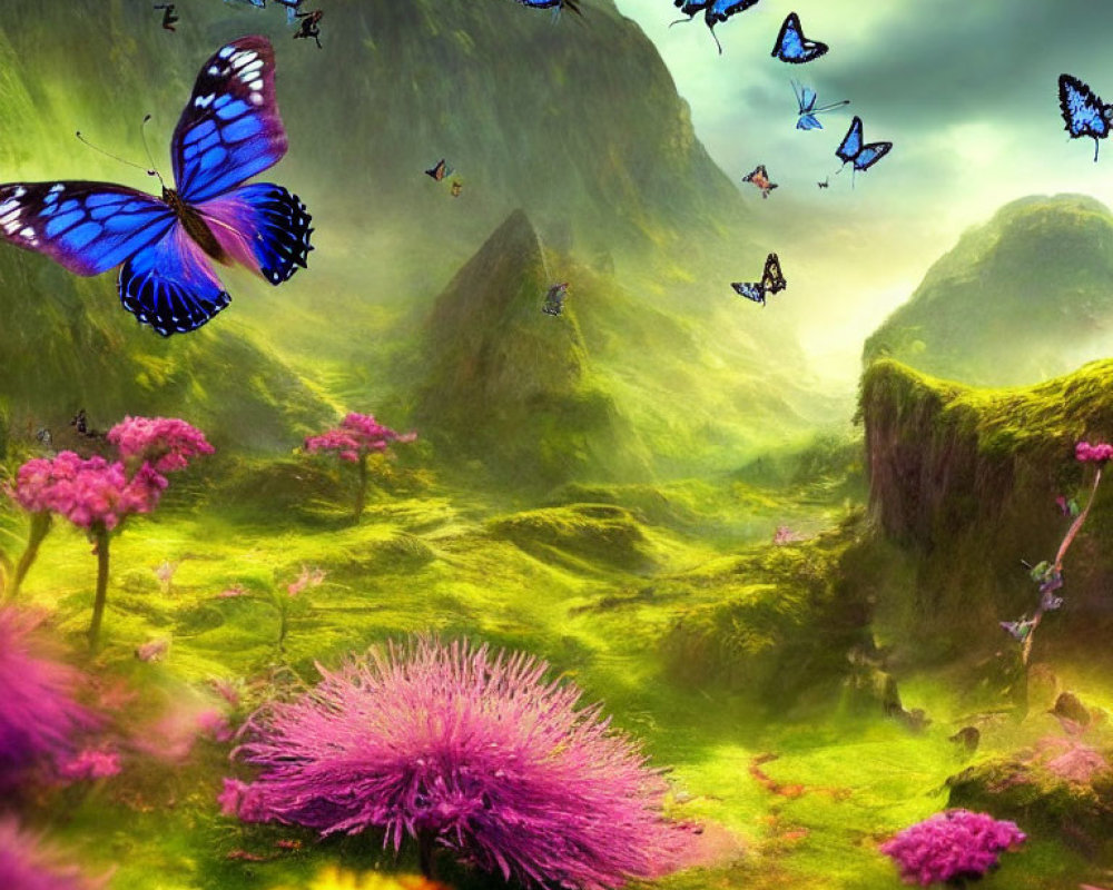 Blue Butterflies Flying over Lush Green Meadow with Pink Flowers and Moss-Covered Hills