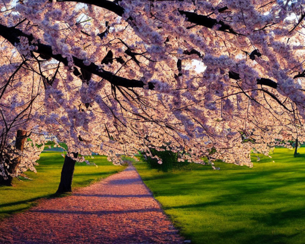 Blooming cherry blossom trees casting soft shadows at sunset