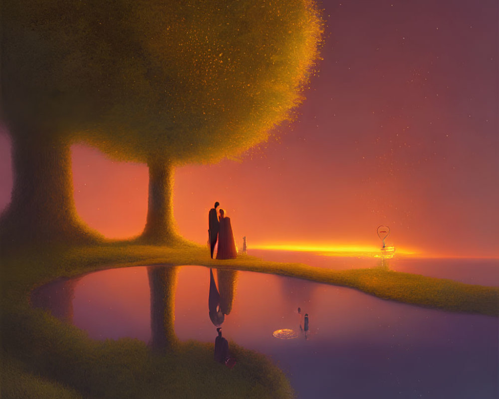 Couple under glowing tree by lake at sunset with surreal purple sky