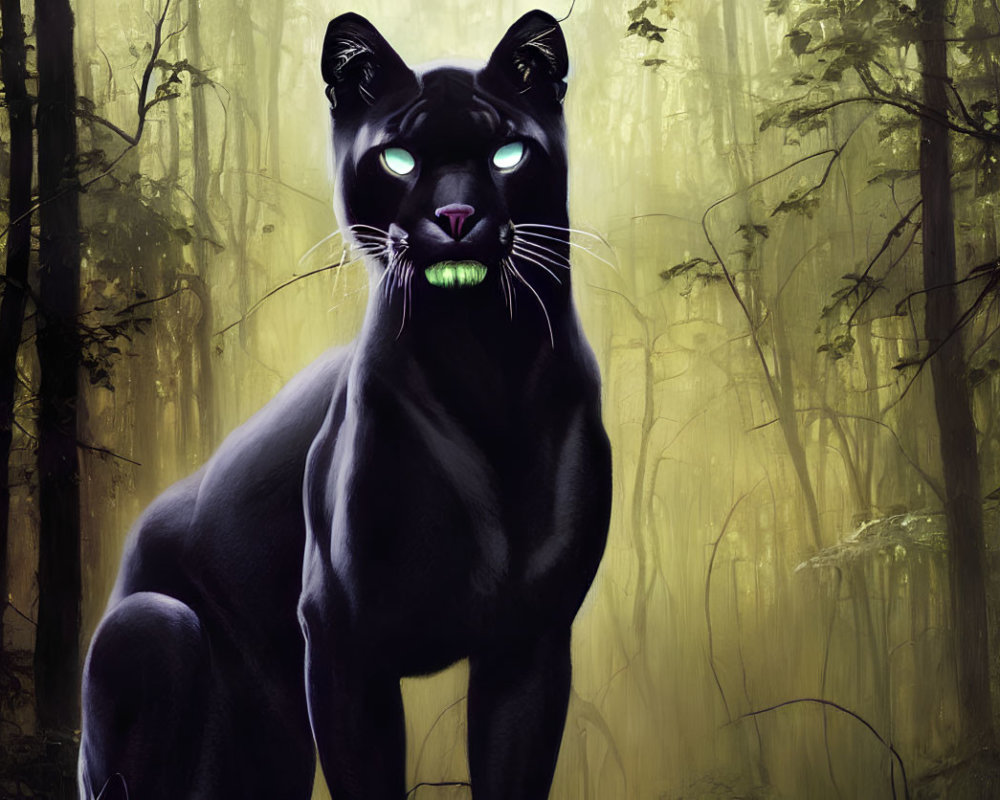 Black panther with glowing turquoise eyes in misty forest