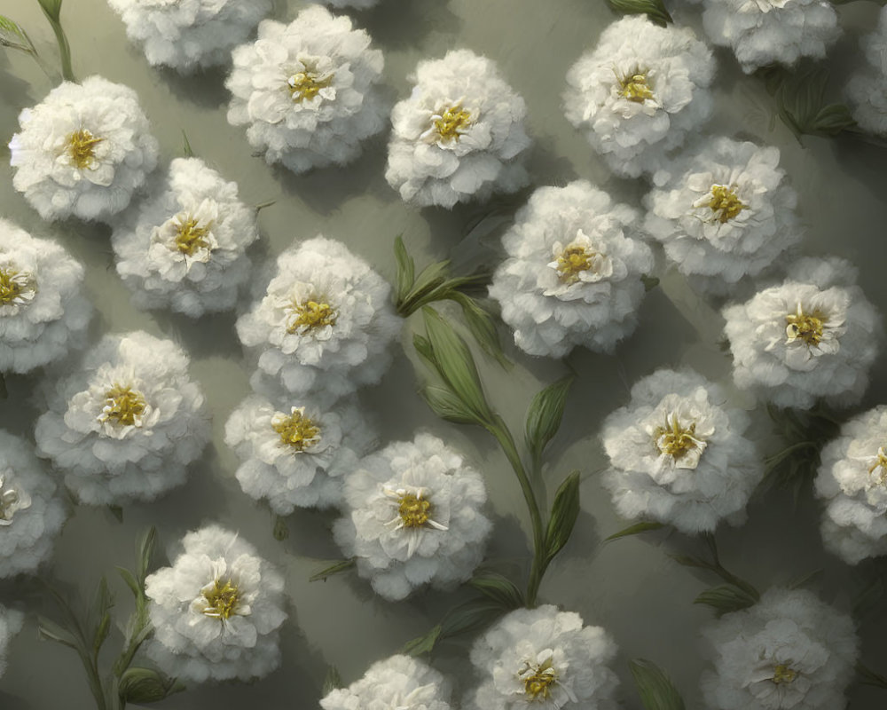 White Peony Flowers with Golden Stamens and Green Leaves on Muted Background