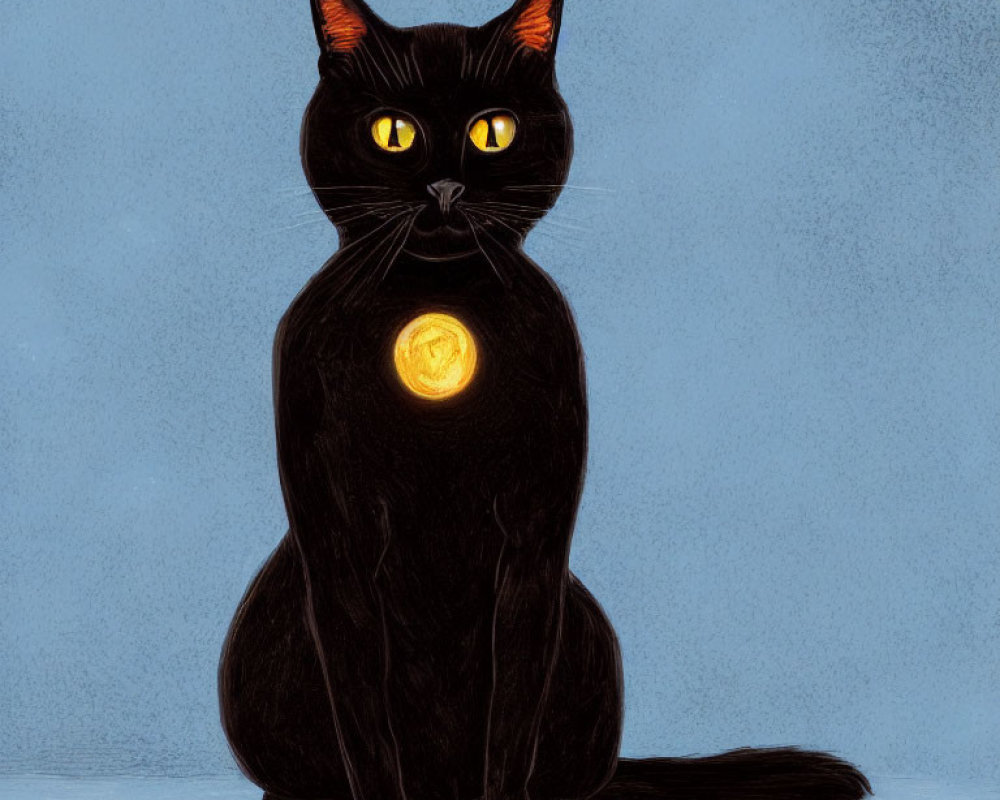 Black Cat with Yellow Eyes and Glowing Orb on Blue Background