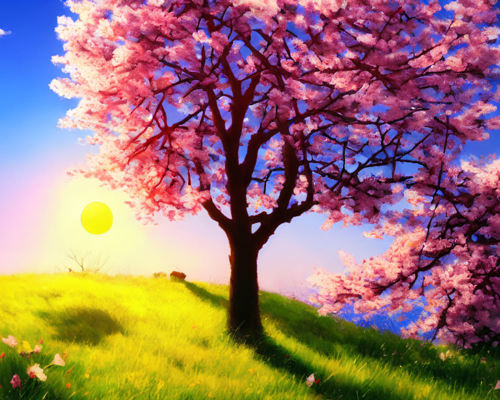 Scenic landscape with blooming cherry blossom tree on grassy hill