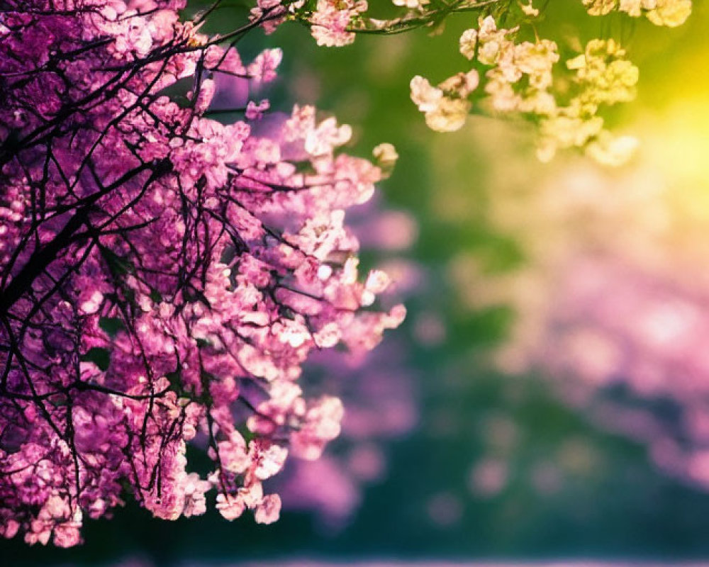 Pink Cherry Trees in Full Bloom Along Grass Path on Sunny Day