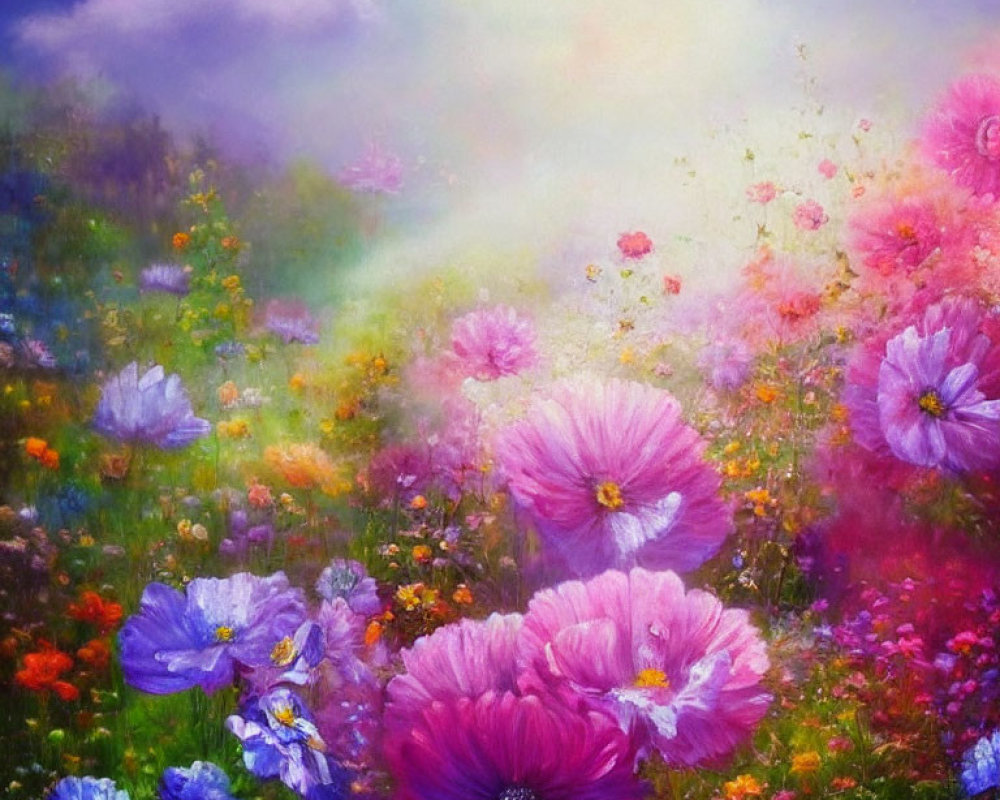 Colorful Flower Field Painting with Pink and Blue Blossoms