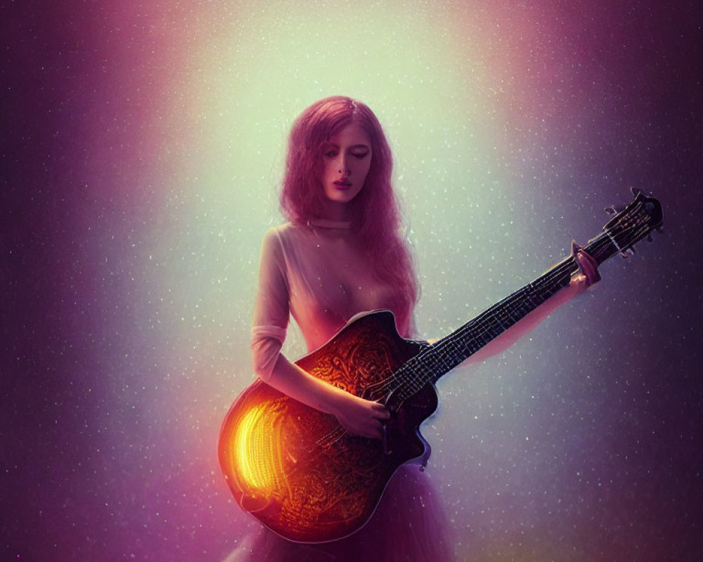 Red-Haired Woman Holding Guitar in Purple and Pink Setting