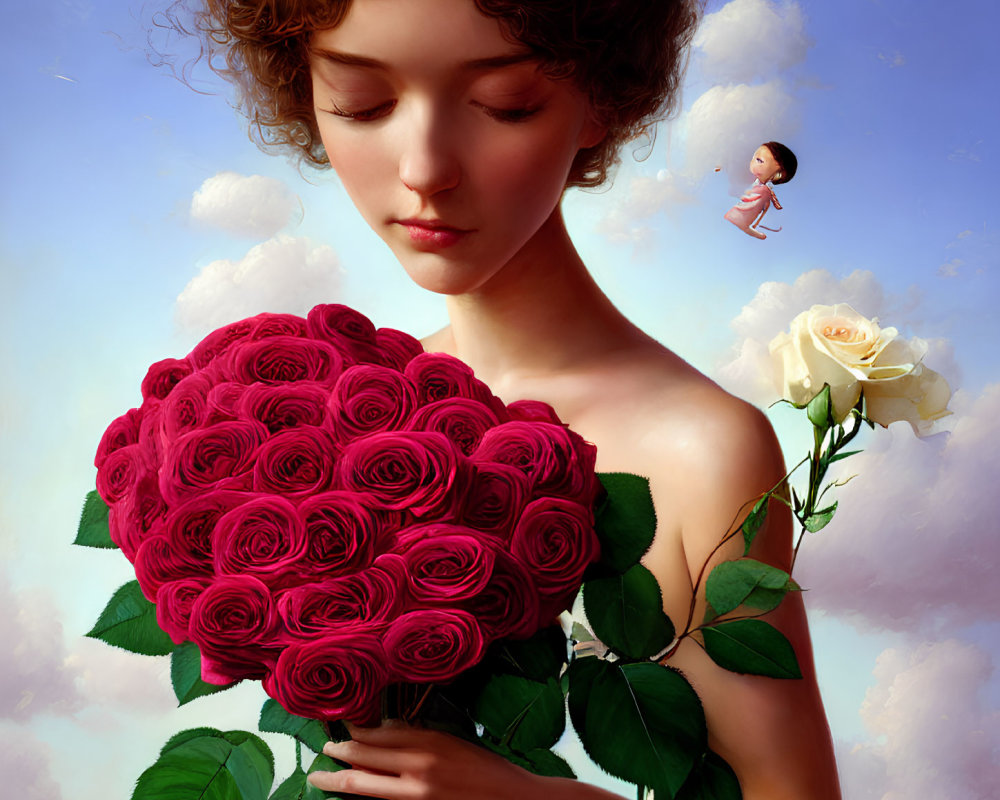 Surreal woman with curly hair holding roses under cloudy sky