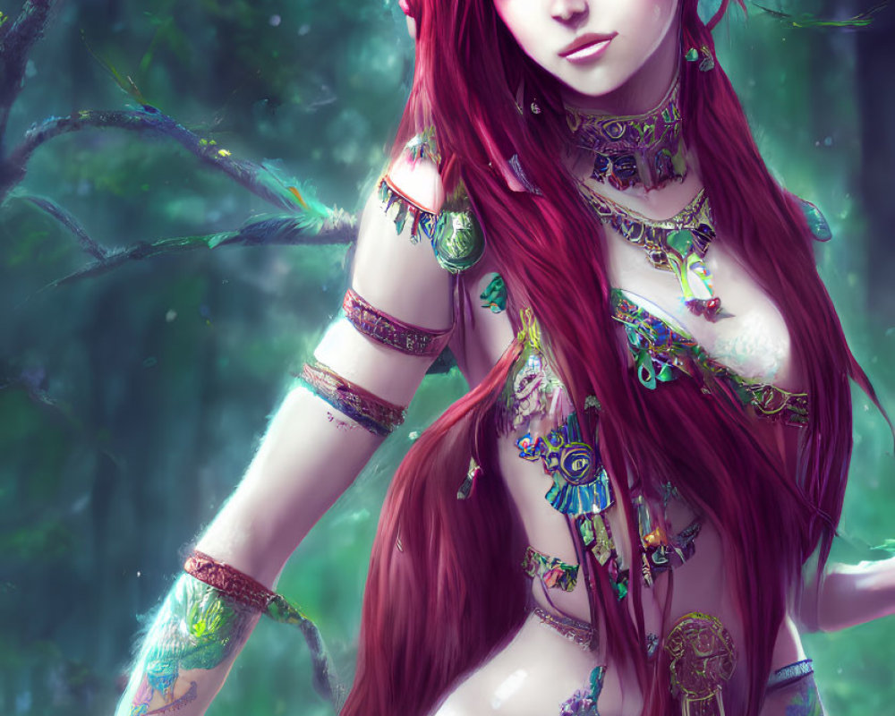 Fantasy character with red hair, jewelry, and tattoos in lush forest.