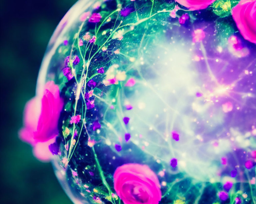 Whimsical cosmic sphere with purple hues and floral details