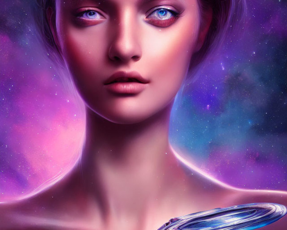 Surreal portrait of a woman with blue eyes in cosmic scene