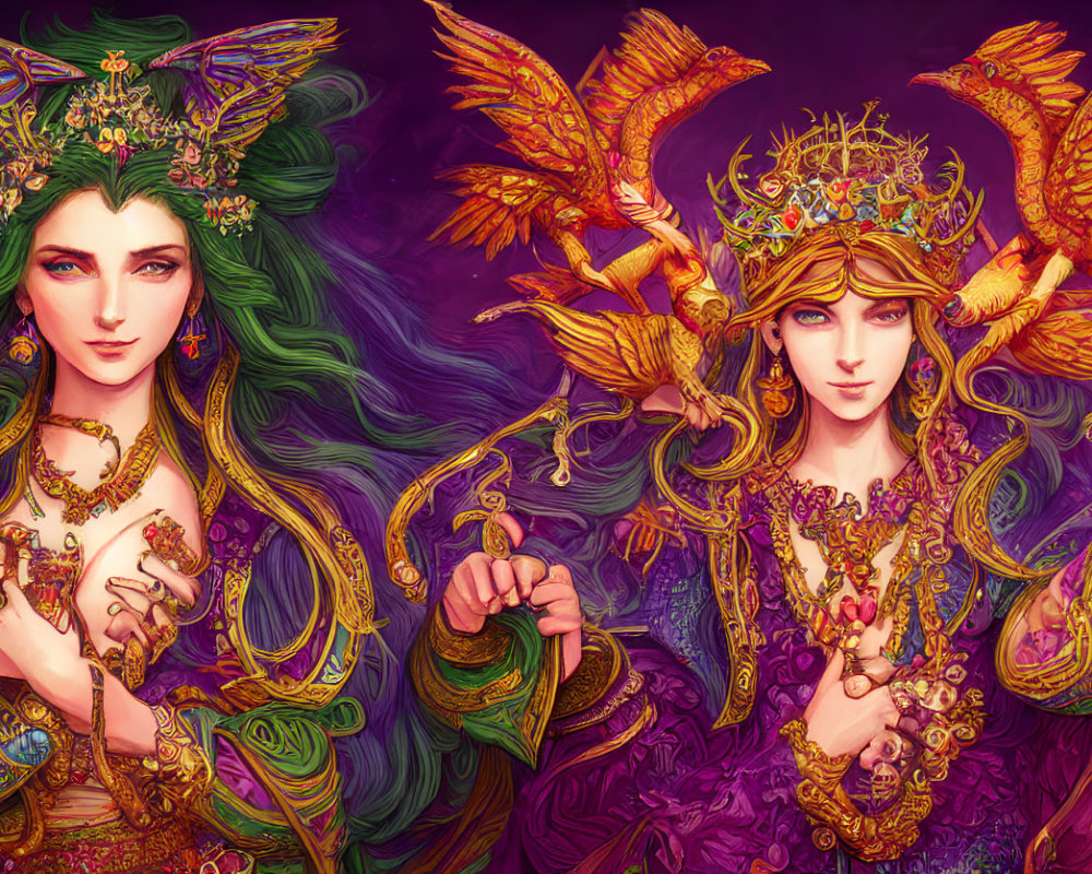 Stylized fantasy women with bird-themed headpieces on purple background