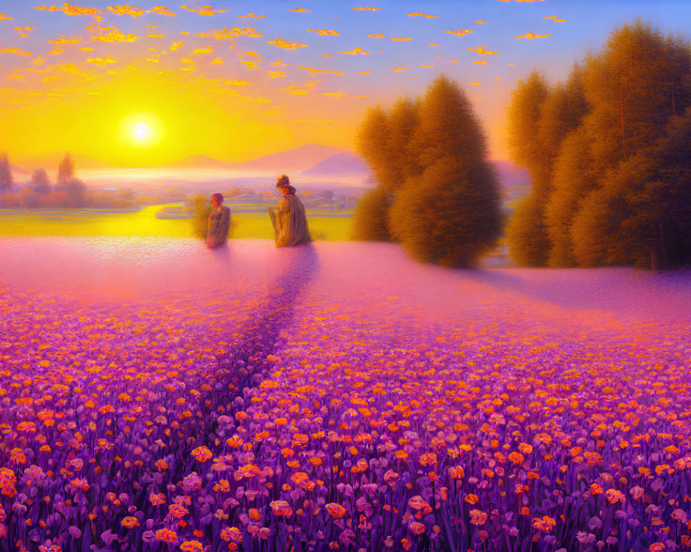 Scenic sunset landscape with people walking in purple flower field by reflective water and orange sky with birds.