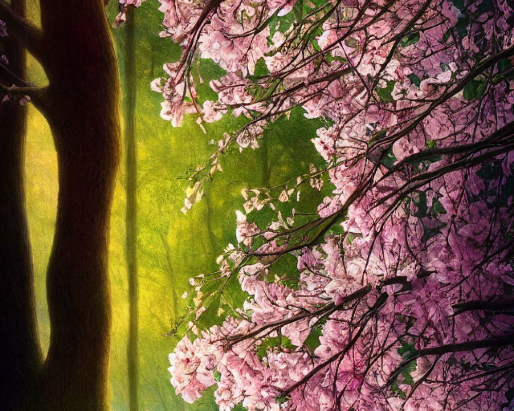 Child under blooming cherry blossom tree in sunlight on green grass.