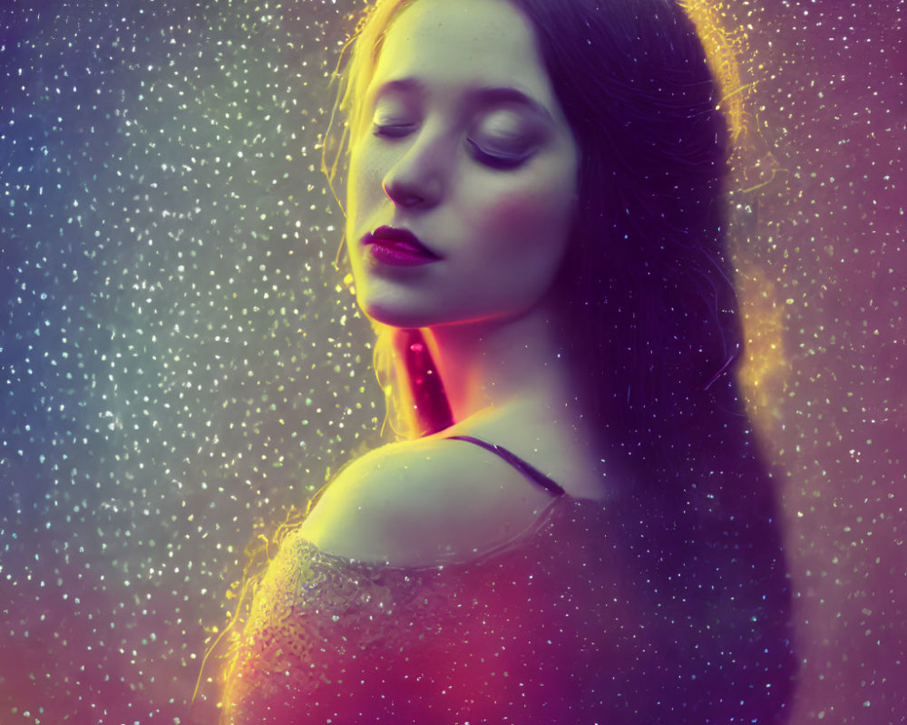 Serene young woman illuminated by dreamy multicolored glow