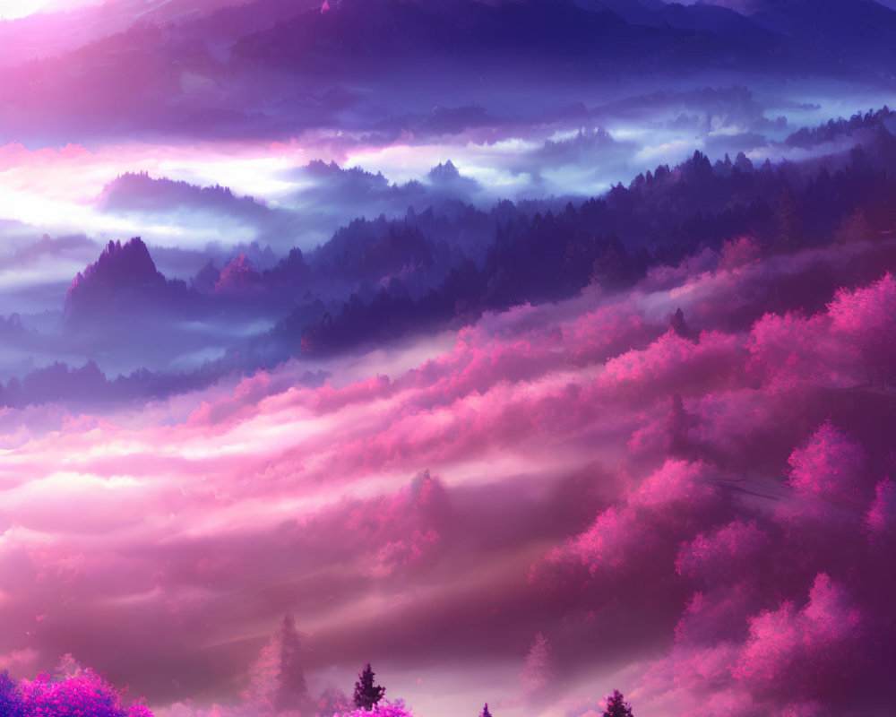 Majestic mountain landscape with mist and colorful twilight sky