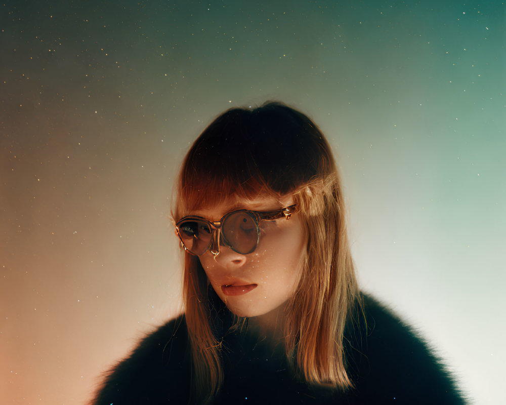 Woman with Bangs and Glasses in Ethereal Night Sky Setting