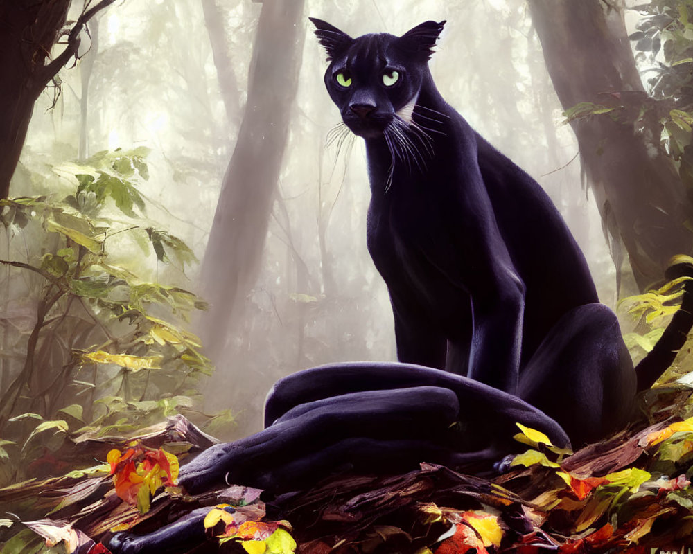 Digital Art: Black Panther with Green Eyes in Misty Autumn Forest