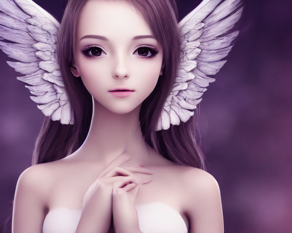 Digital artwork of young female with white wings on purple backdrop