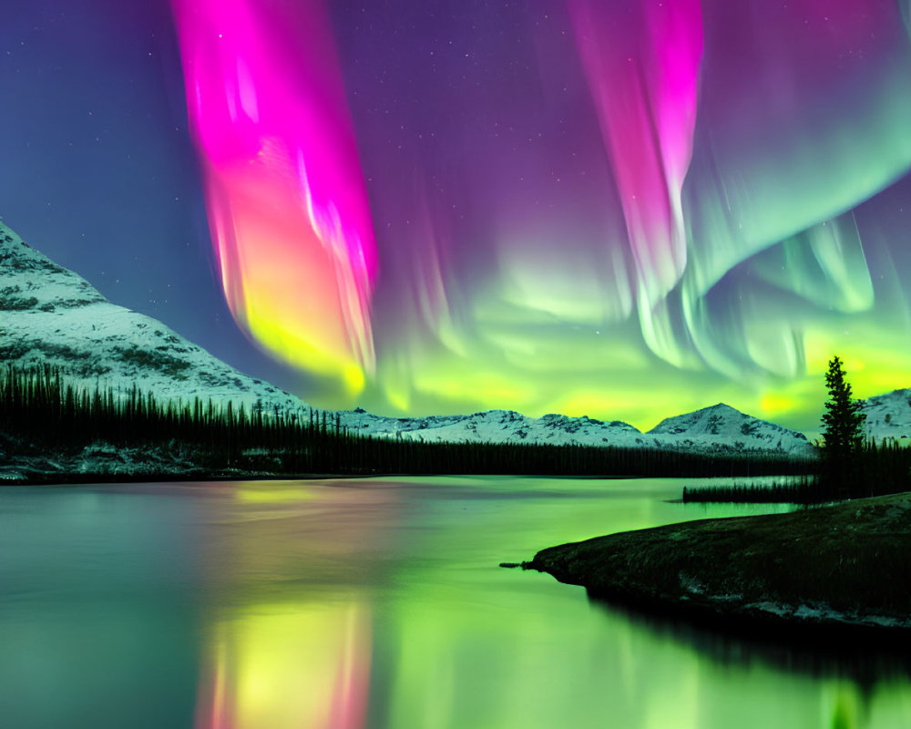 Colorful Aurora Borealis Reflecting in Mountain Lake