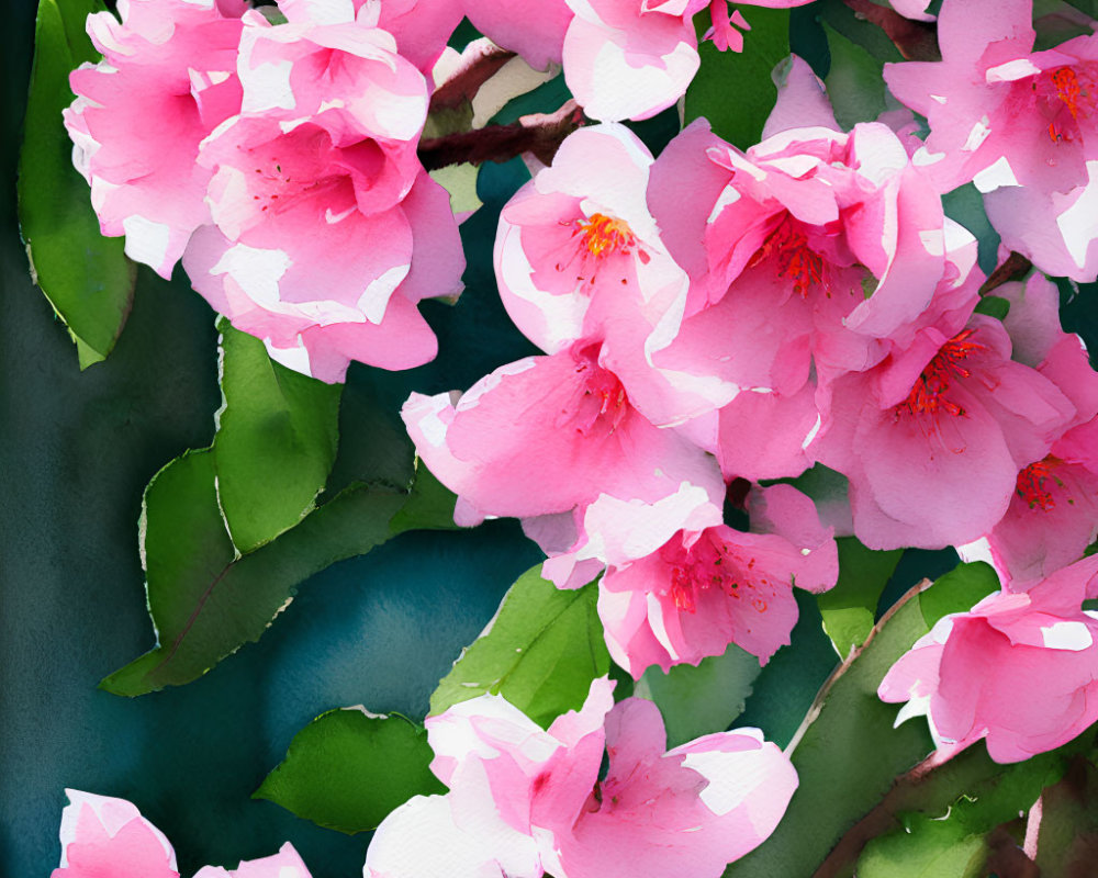 Pink Camellia Flowers with Yellow Stamens on Dark Blue Background