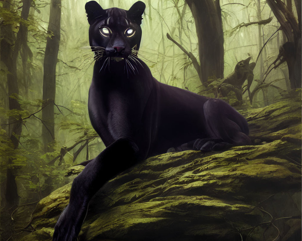 Black Panther Resting on Mossy Rock in Misty Forest