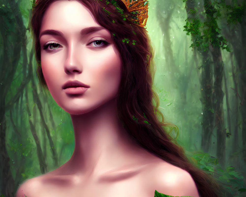 Digital portrait of woman with leafy crown and deep gaze in enchanted forest