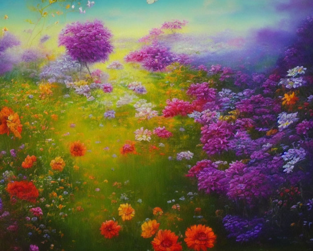 Colorful Flower Meadow Painting with Butterflies and Dreamy Sky