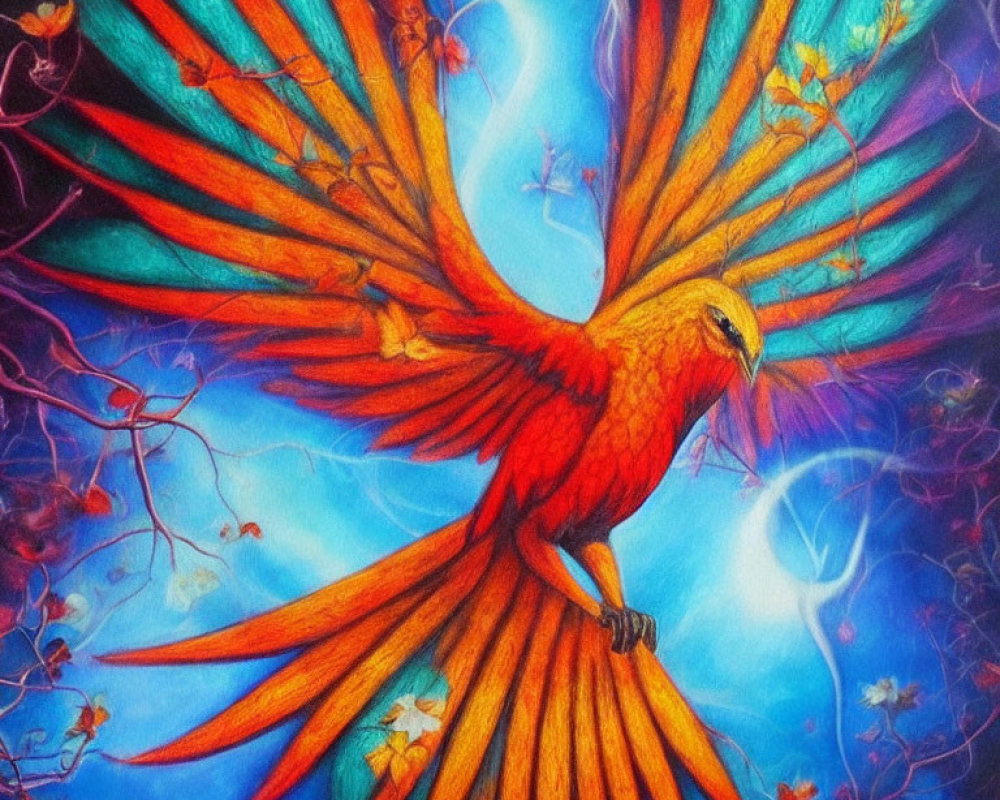 Colorful Phoenix Painting with Red and Orange Plumage on Blue Background