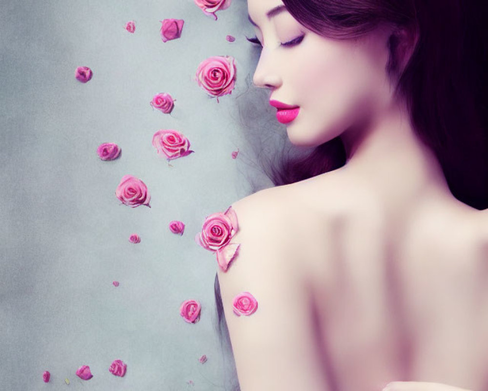 Graceful woman with closed eyes among floating pink roses on blue background