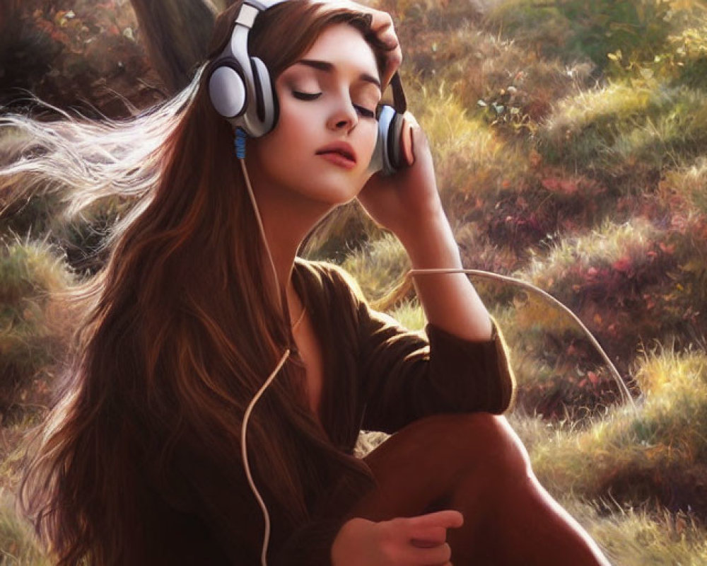 Woman with long hair listening to music outdoors in autumn landscape