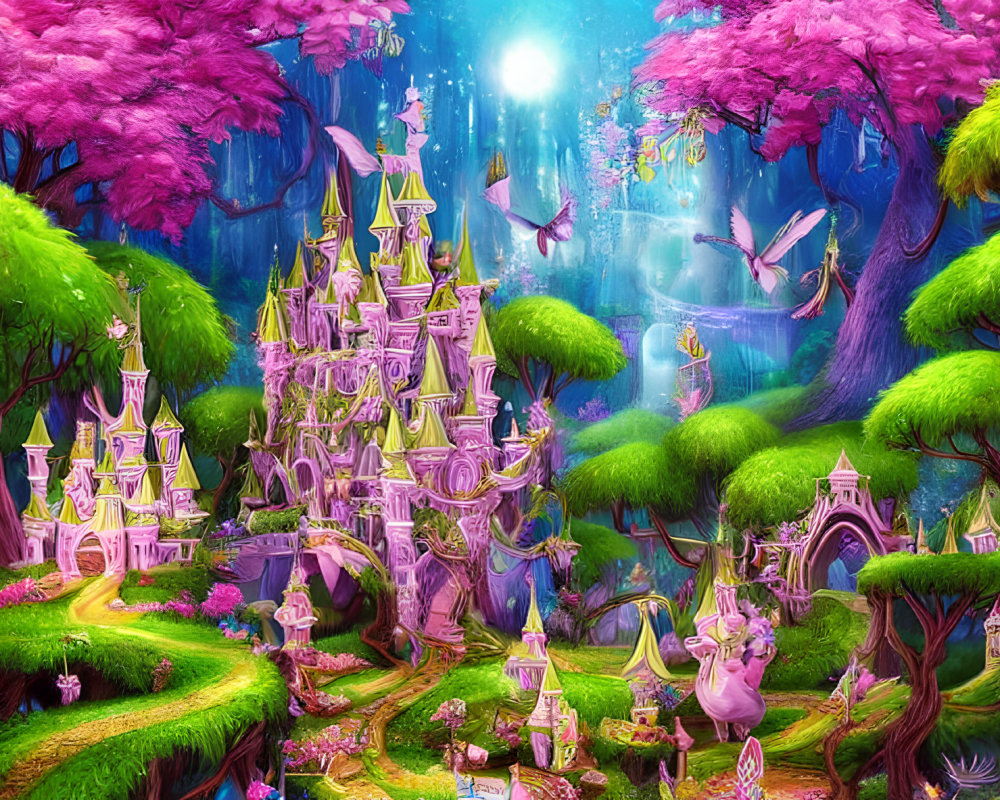 Fantasy landscape with castle, cherry blossoms, and flying creatures